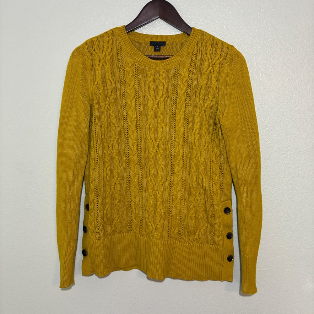 Ann Taylor Factory Mustard Yellow Cable Knit Side Button Sweater Small